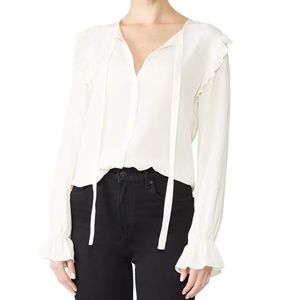 Line and Dot White Tie V-Neck Blouse